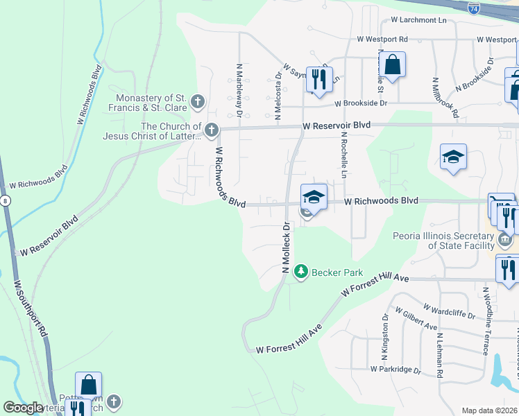 map of restaurants, bars, coffee shops, grocery stores, and more near 3430 West Richwoods Boulevard in Peoria