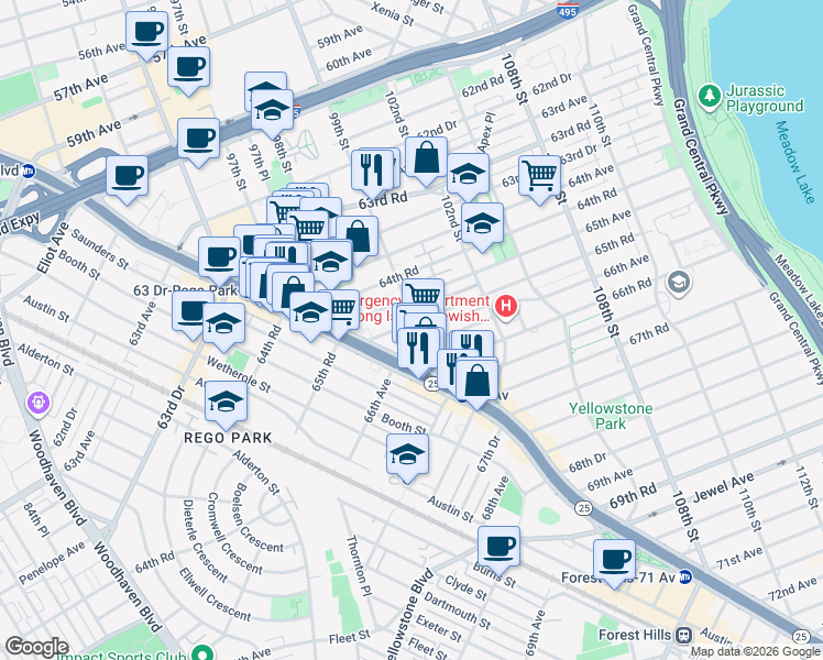 map of restaurants, bars, coffee shops, grocery stores, and more near 6509 99th Street in Queens