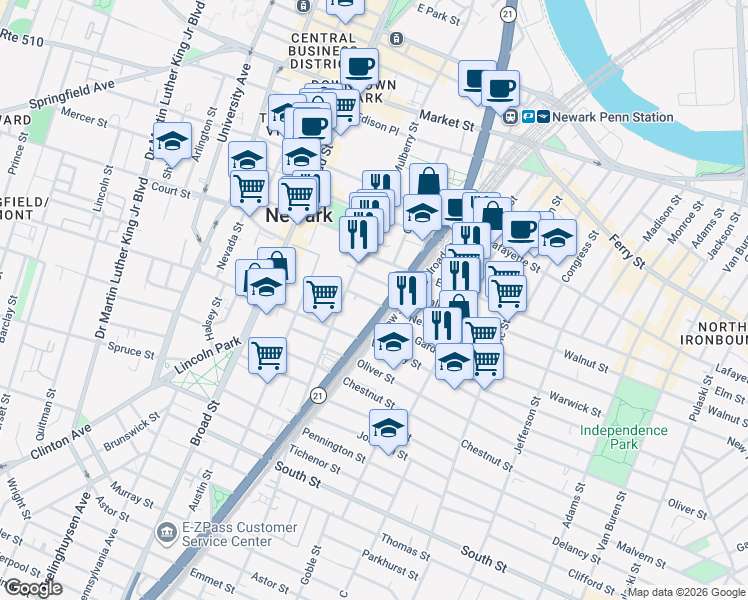 map of restaurants, bars, coffee shops, grocery stores, and more near 25 Cottage Street in Newark