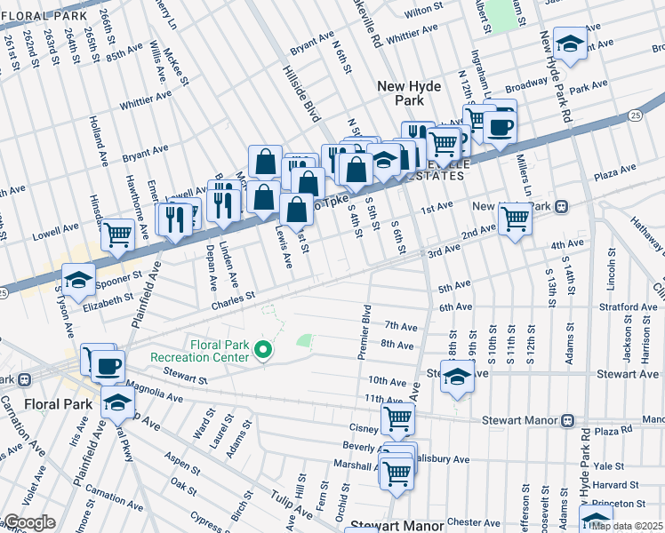 map of restaurants, bars, coffee shops, grocery stores, and more near 200 1st Avenue in New Hyde Park