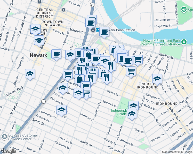 map of restaurants, bars, coffee shops, grocery stores, and more near 117 Prospect Street in Newark