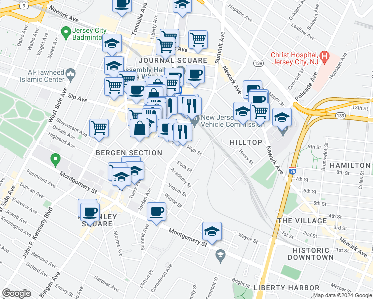 map of restaurants, bars, coffee shops, grocery stores, and more near 403-405 Summit Avenue in Jersey City