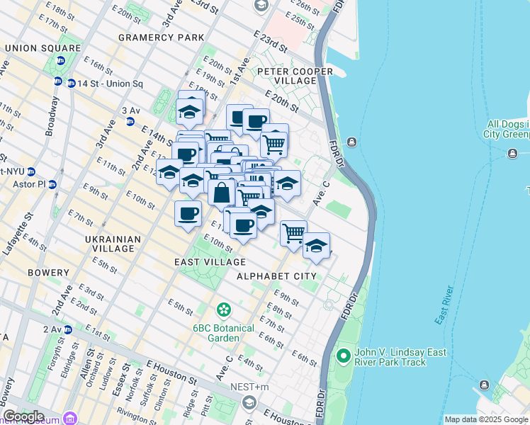 map of restaurants, bars, coffee shops, grocery stores, and more near 215 Avenue B in New York