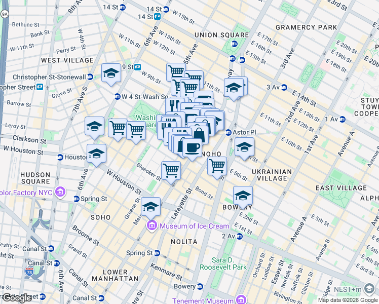 map of restaurants, bars, coffee shops, grocery stores, and more near 701 Broadway in New York