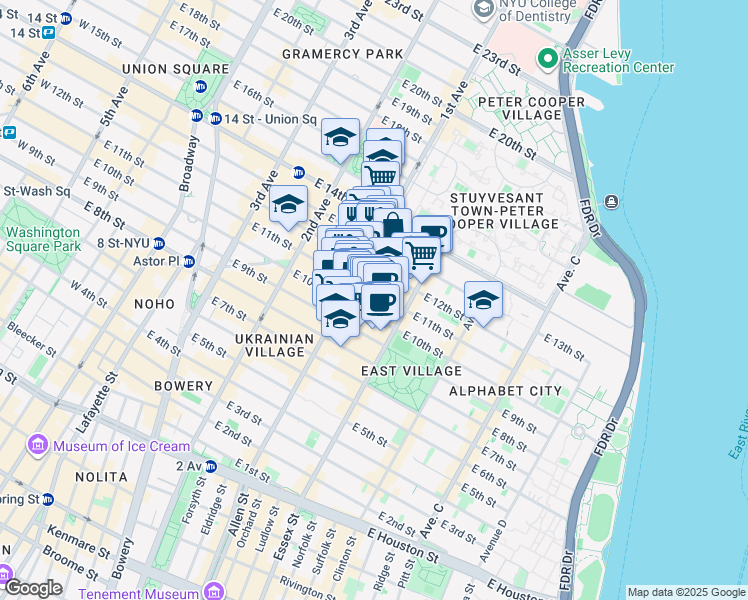 map of restaurants, bars, coffee shops, grocery stores, and more near 200 1st Avenue in New York