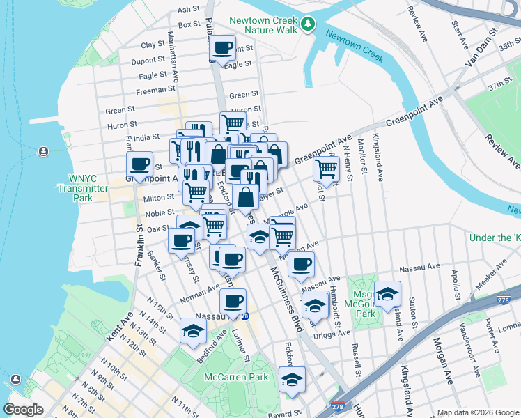 map of restaurants, bars, coffee shops, grocery stores, and more near 193 Newell Street in Brooklyn