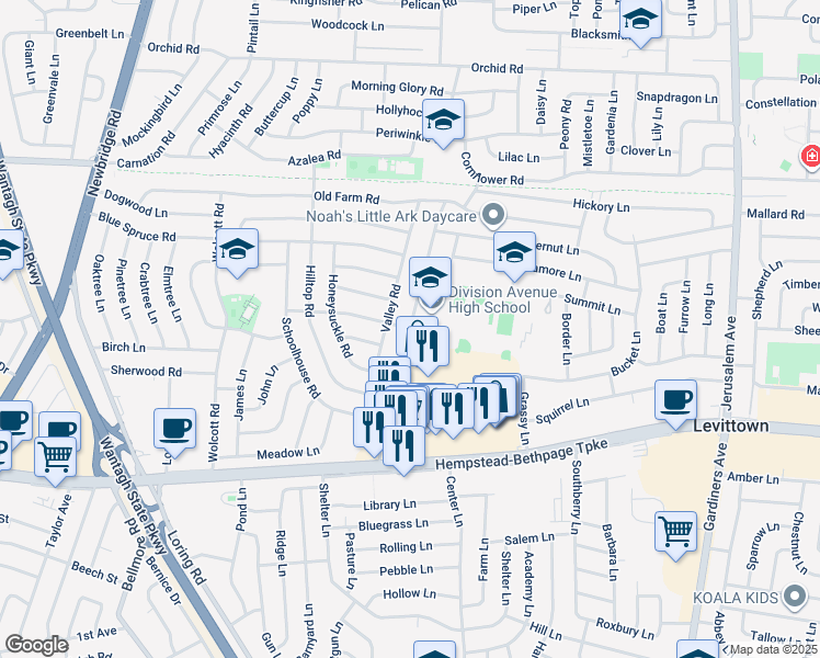 map of restaurants, bars, coffee shops, grocery stores, and more near 118 Division Avenue in Levittown