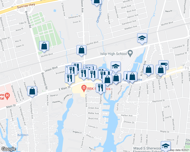 map of restaurants, bars, coffee shops, grocery stores, and more near 15 Willowbrook Avenue in Bay Shore