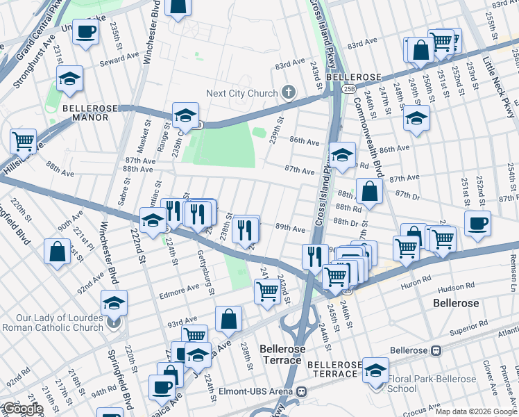 map of restaurants, bars, coffee shops, grocery stores, and more near 88-19 239th Street in Queens