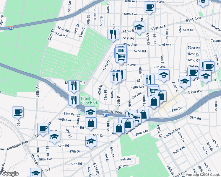 map of restaurants, bars, coffee shops, grocery stores, and more near 53-73 63rd Street in Queens
