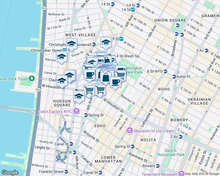 map of restaurants, bars, coffee shops, grocery stores, and more near Bleecker St & Sullivan St in New York