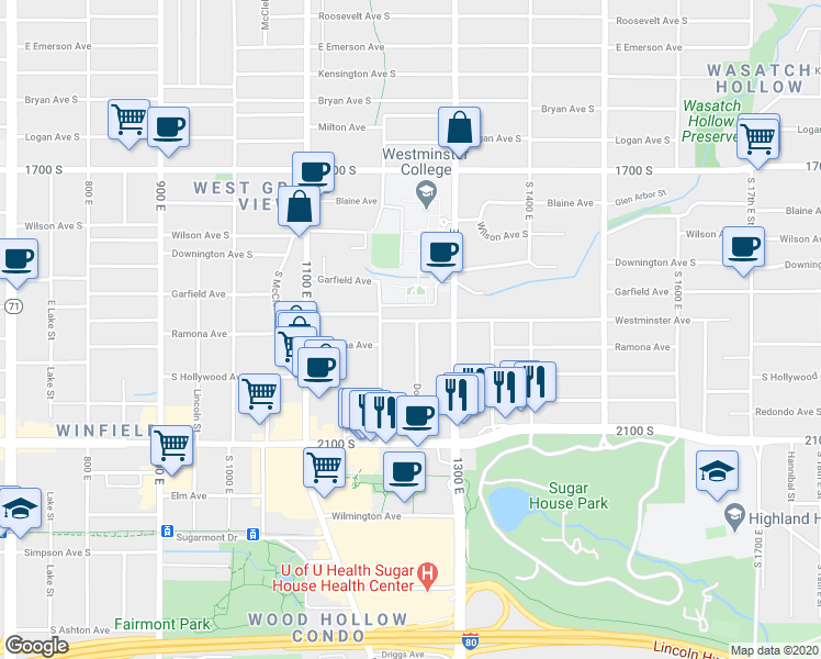 map of restaurants, bars, coffee shops, grocery stores, and more near Westminster Avenue in Salt Lake City