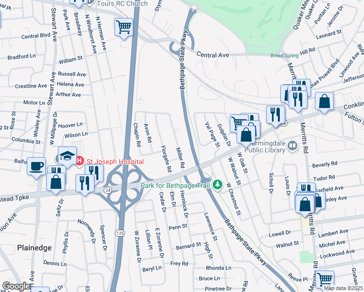 map of restaurants, bars, coffee shops, grocery stores, and more near 22 Miller Road in Farmingdale