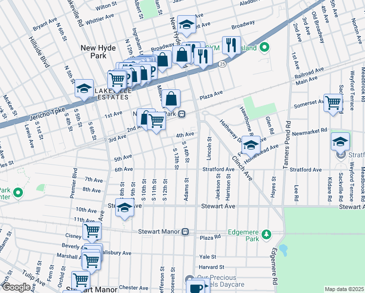 map of restaurants, bars, coffee shops, grocery stores, and more near 1407 5th Avenue in New Hyde Park