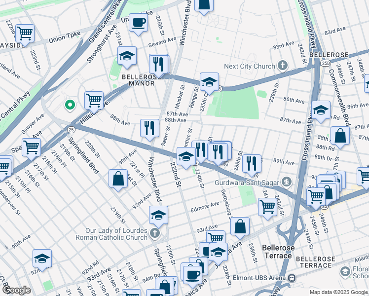 map of restaurants, bars, coffee shops, grocery stores, and more near 89-7 Pontiac Street in Queens