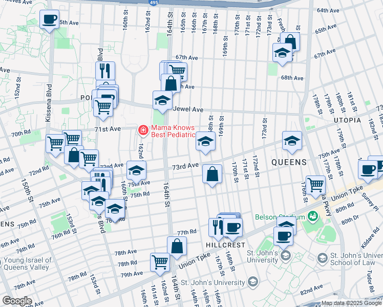 map of restaurants, bars, coffee shops, grocery stores, and more near 71-33 166th Street in Queens