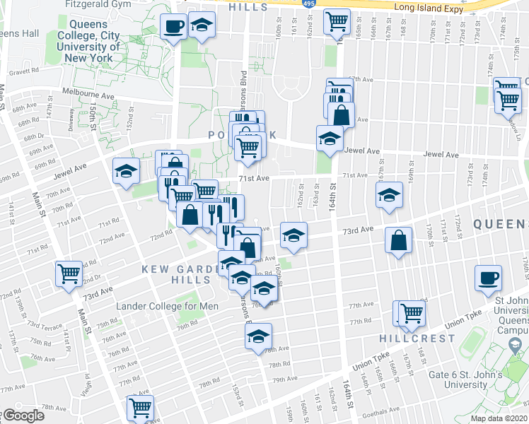 map of restaurants, bars, coffee shops, grocery stores, and more near 71-27 Park Avenue in Queens