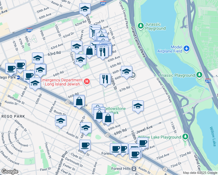 map of restaurants, bars, coffee shops, grocery stores, and more near in Queens