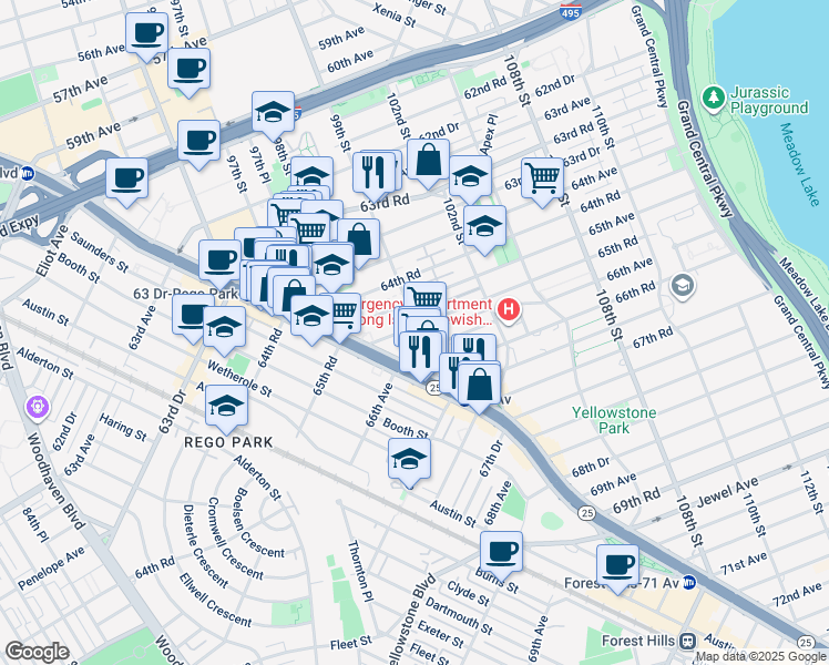 map of restaurants, bars, coffee shops, grocery stores, and more near 6509 99th Street in Queens