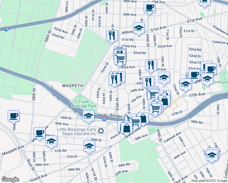 map of restaurants, bars, coffee shops, grocery stores, and more near 53-66 65th Place in Queens