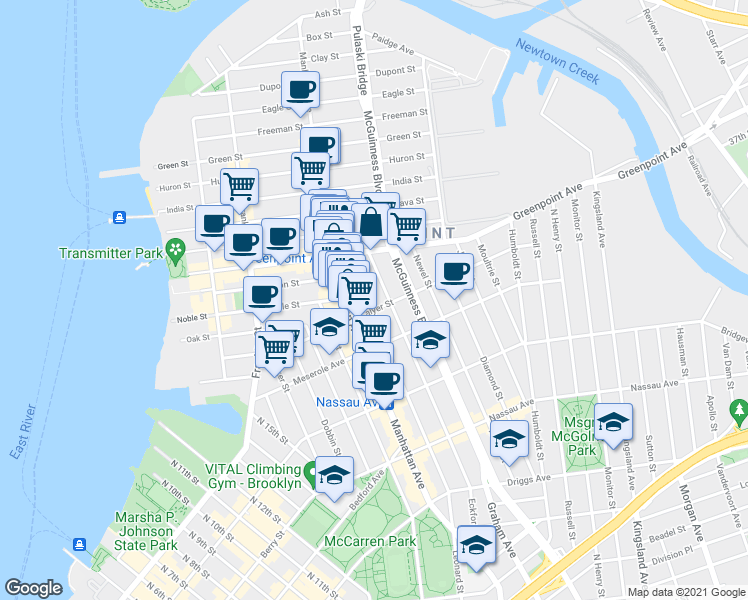 map of restaurants, bars, coffee shops, grocery stores, and more near 730 Leonard Street in Brooklyn