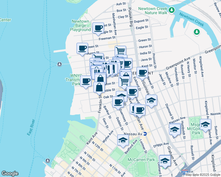 map of restaurants, bars, coffee shops, grocery stores, and more near 121 Milton Street in Brooklyn