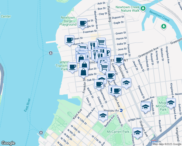 map of restaurants, bars, coffee shops, grocery stores, and more near 121 Milton Street in Brooklyn