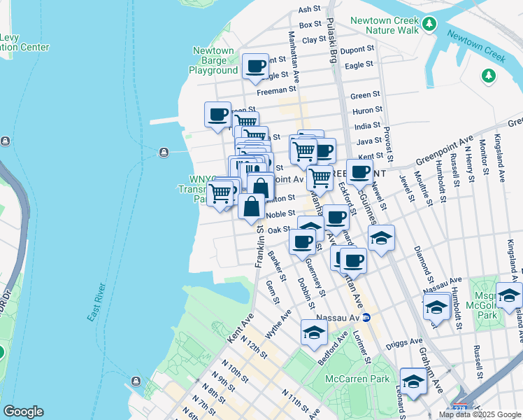 map of restaurants, bars, coffee shops, grocery stores, and more near 134 Franklin Street in Brooklyn