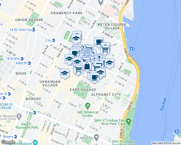 map of restaurants, bars, coffee shops, grocery stores, and more near 515 East 13th Street in New York