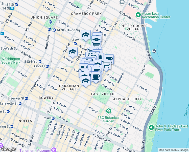 map of restaurants, bars, coffee shops, grocery stores, and more near 200 1st Avenue in New York
