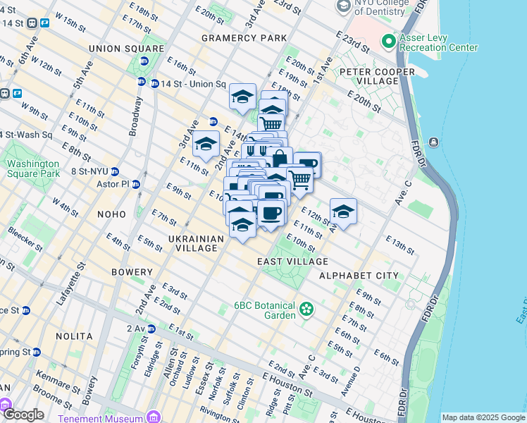map of restaurants, bars, coffee shops, grocery stores, and more near 200 1st Avenue in New York