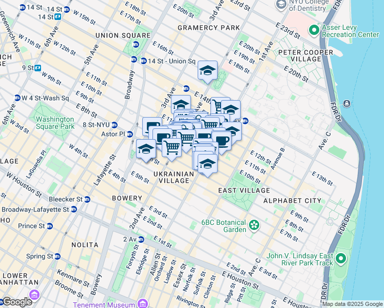 map of restaurants, bars, coffee shops, grocery stores, and more near 213 East 10th Street in New York