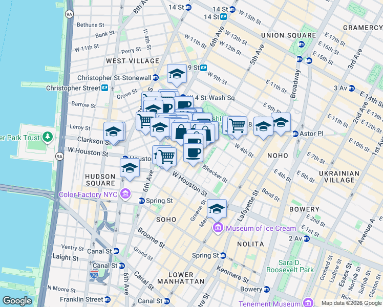 map of restaurants, bars, coffee shops, grocery stores, and more near 165 Bleecker Street in New York