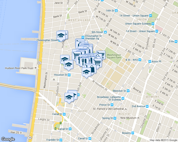 map of restaurants, bars, coffee shops, grocery stores, and more near 1 Minetta Street in New York