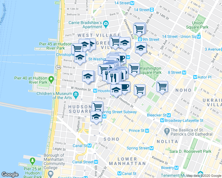 map of restaurants, bars, coffee shops, grocery stores, and more near 1 Minetta Street in New York