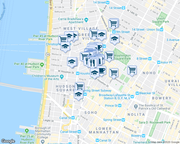 map of restaurants, bars, coffee shops, grocery stores, and more near 1 Minetta Street in New York