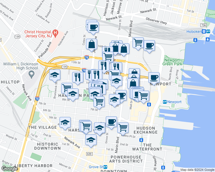 map of restaurants, bars, coffee shops, grocery stores, and more near 197 12th Street in Jersey City