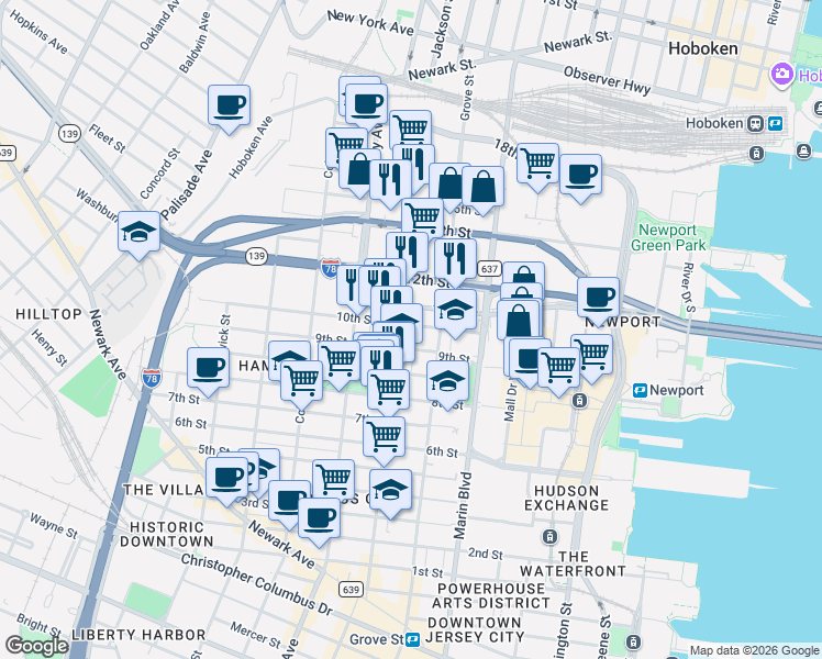 map of restaurants, bars, coffee shops, grocery stores, and more near 197 12th Street in Jersey City