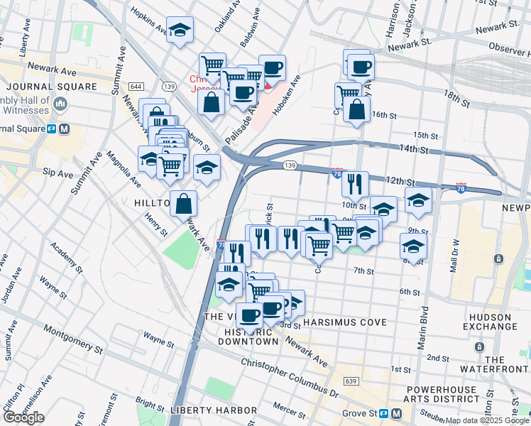 map of restaurants, bars, coffee shops, grocery stores, and more near 255 Brunswick Street in Jersey City