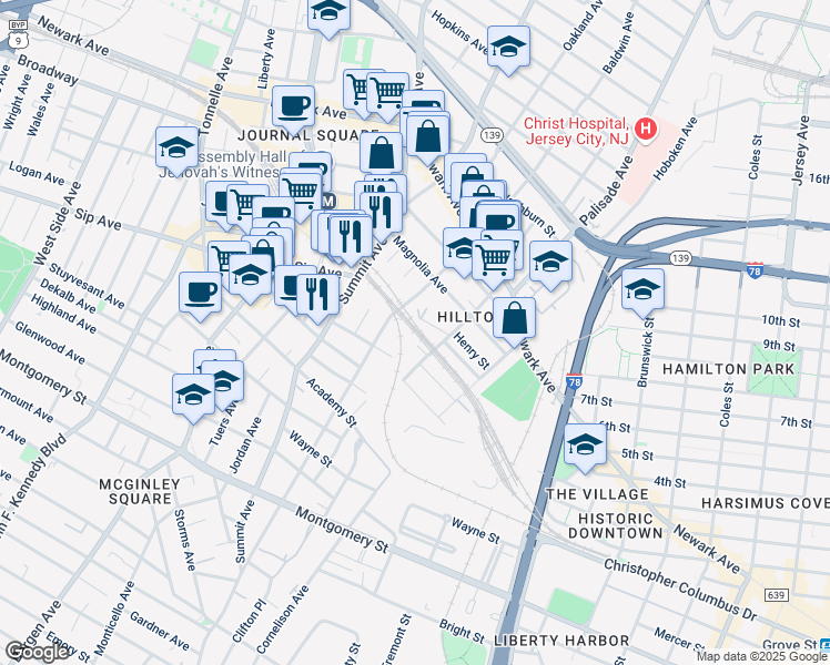 map of restaurants, bars, coffee shops, grocery stores, and more near 230 Baldwin Avenue in Jersey City
