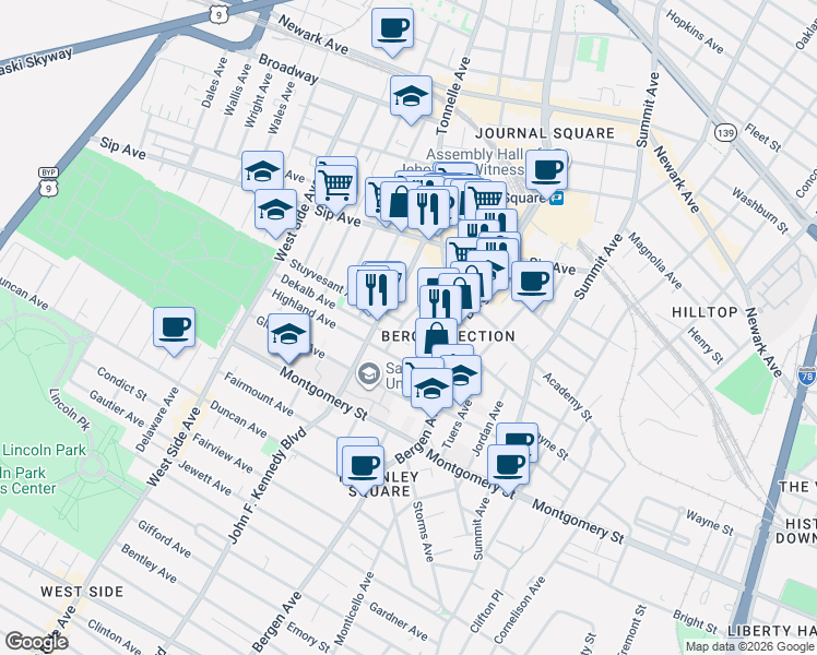 map of restaurants, bars, coffee shops, grocery stores, and more near 51 Van Reypen Street in Jersey City