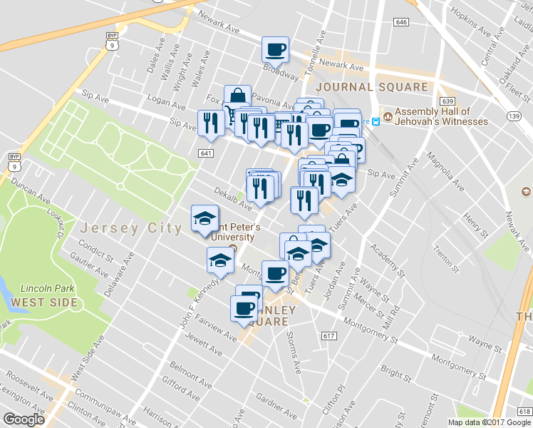map of restaurants, bars, coffee shops, grocery stores, and more near 14 Garrison Avenue in Jersey City