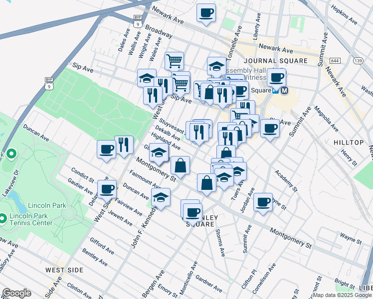 map of restaurants, bars, coffee shops, grocery stores, and more near 98 Dekalb Avenue in Jersey City