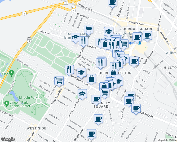 map of restaurants, bars, coffee shops, grocery stores, and more near 98 Dekalb Avenue in Jersey City