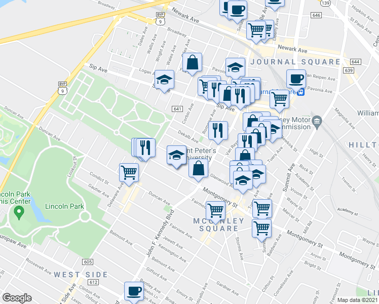 map of restaurants, bars, coffee shops, grocery stores, and more near 98 Dekalb Avenue in Jersey City