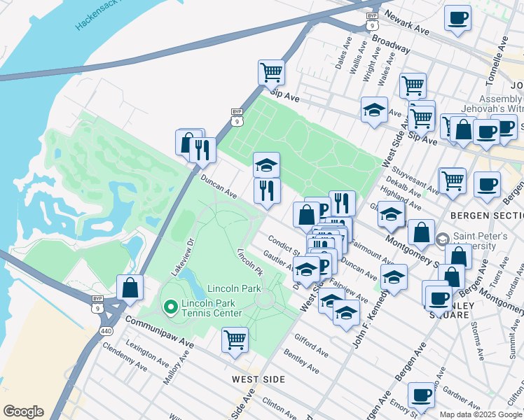 map of restaurants, bars, coffee shops, grocery stores, and more near 451 Mallory Avenue in Jersey City