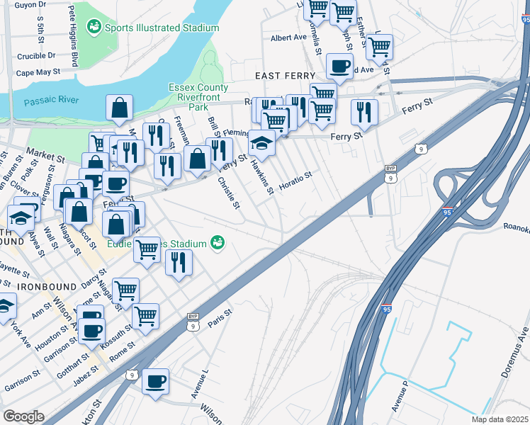 map of restaurants, bars, coffee shops, grocery stores, and more near 128 Brill Street in Newark