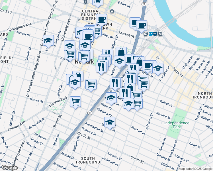 map of restaurants, bars, coffee shops, grocery stores, and more near 89 Walnut Street in Newark