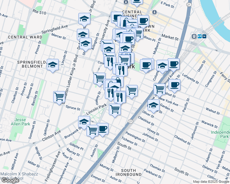 map of restaurants, bars, coffee shops, grocery stores, and more near 999 Broad Street in Newark