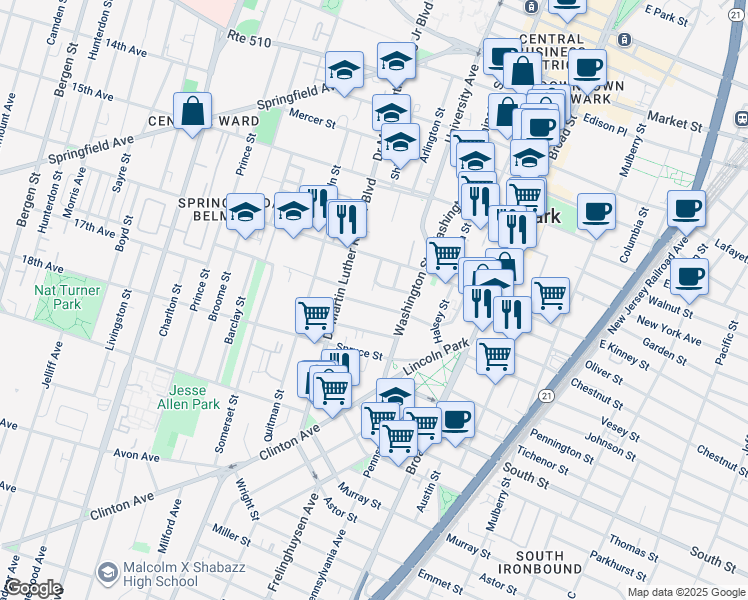 map of restaurants, bars, coffee shops, grocery stores, and more near 29 Governor Street in Newark